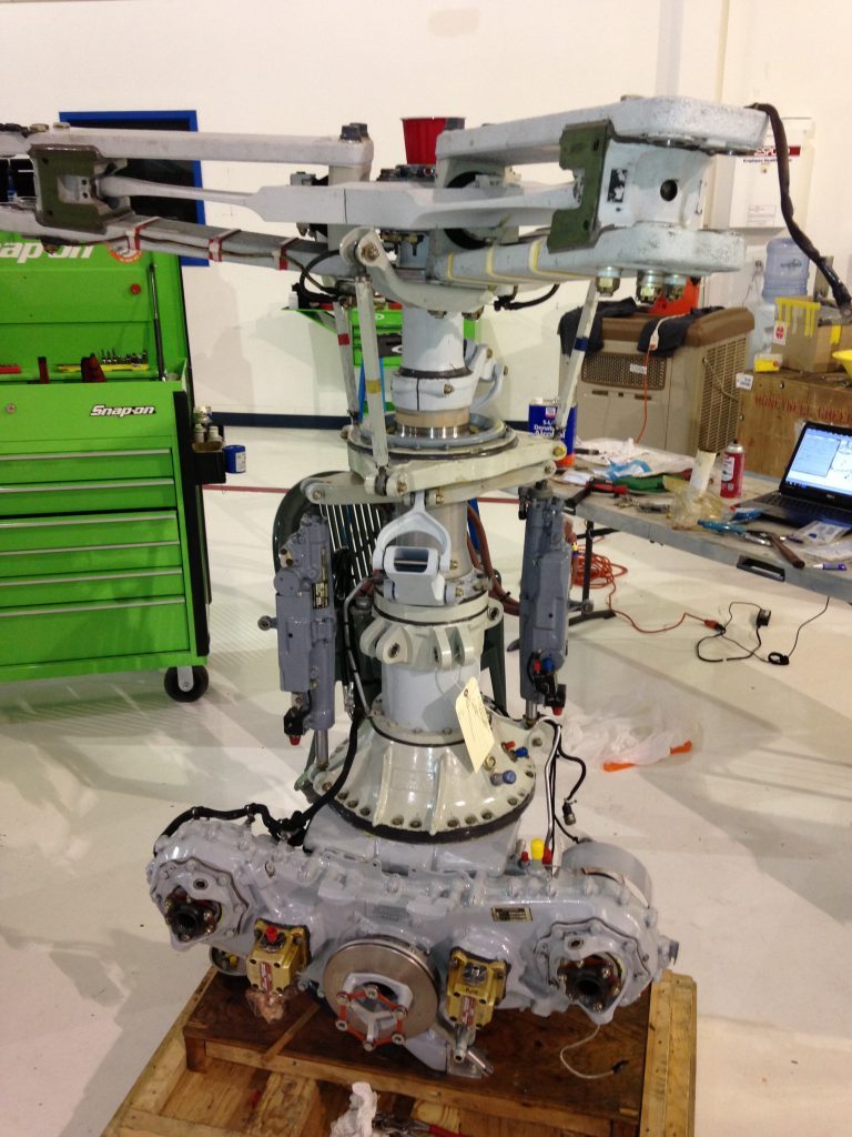 Helicopter transmission and rotor head undergoing overhaul